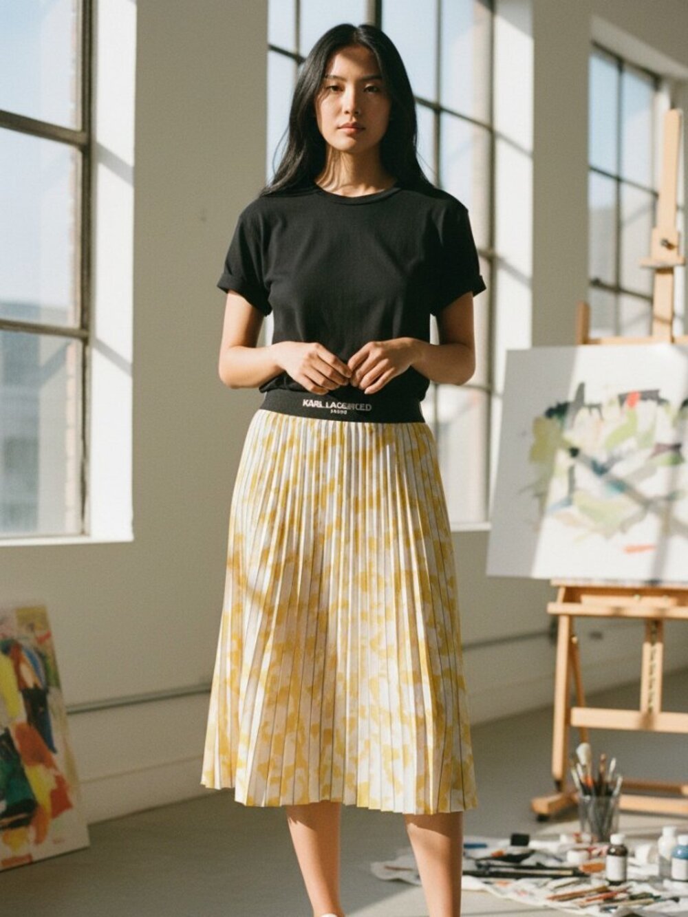 Karl Lagerfeld Paris Pleated Midi Skirt - Yellow Floral - Logo Waistband -Size M